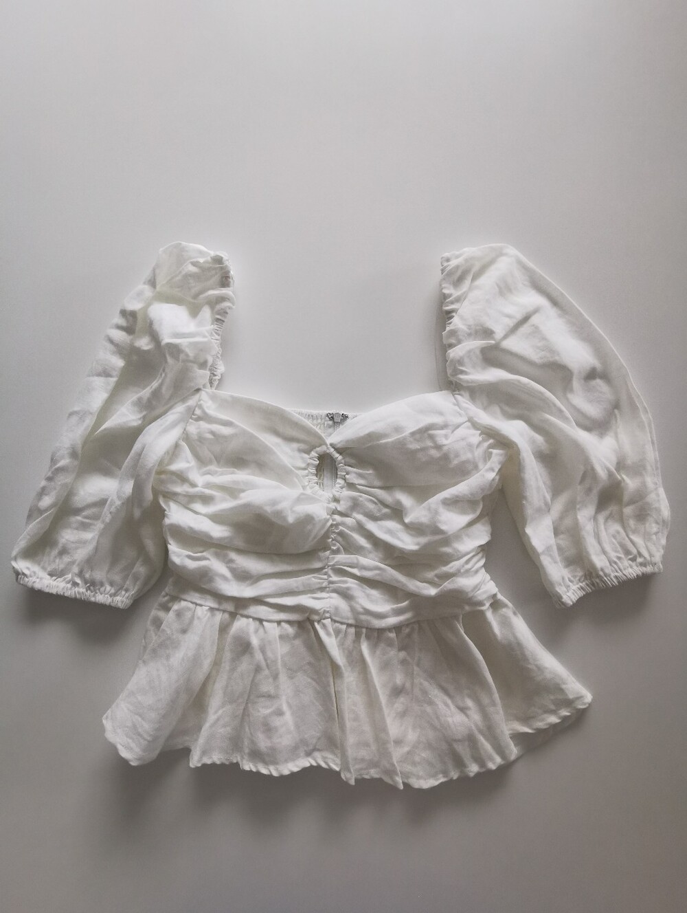 DISSH White Linen Puff-Sleeve Peplum Blouse Malik Top